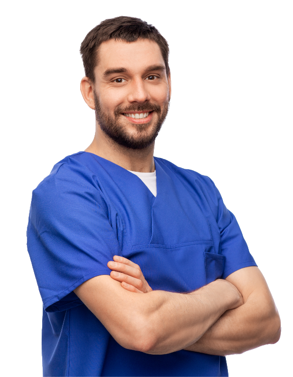Male in blue scrubs, symbolizing the independence and local control offered to New Age Medical's independent distributors.